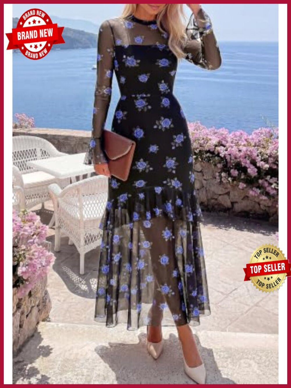 Maxi Dress Women Bell Sleeve Long Formal Wedding Guest Dress - Picture 3 of 6
